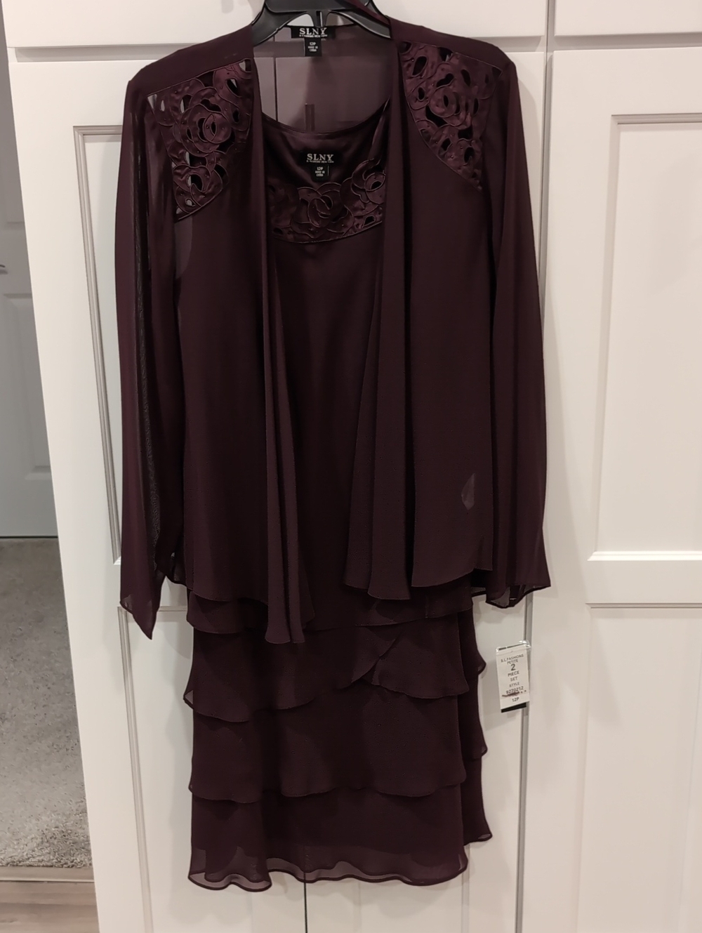 SLNY Plum Layered Chiffon Midi Dress with Matching Jacket